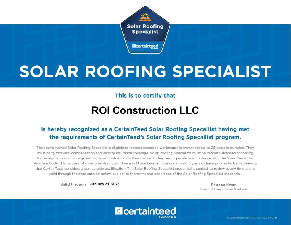 Solar Roofing Company ROI Construction Certainteed Specialist